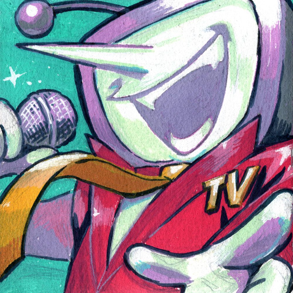 Drawing of Mr Ant Tenna from Deltarune, he's pointing at the camera, smiling with the open mouth and holding a microphone on his other hand.