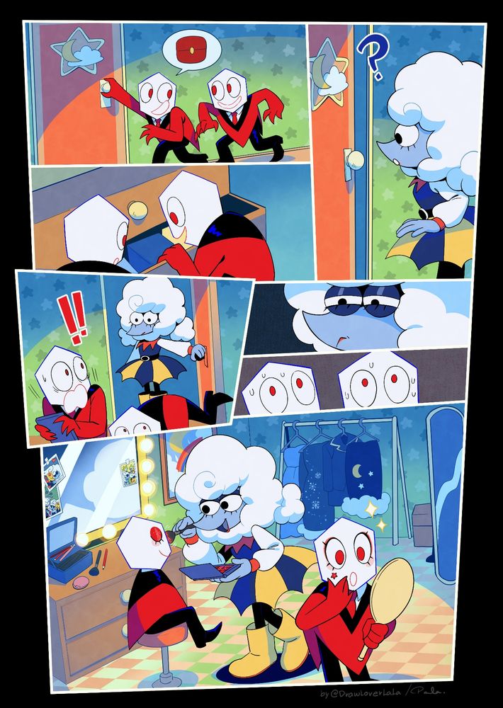 Comic page with Deltarune characters, 2 pippins sneak into Elnina's dressingroom, Elnina sees the door open and enters to discover them, they look at each other for a tense moment, later Elnina is putting make up on the pippins, one is already finished and is admiring Elnina's work.