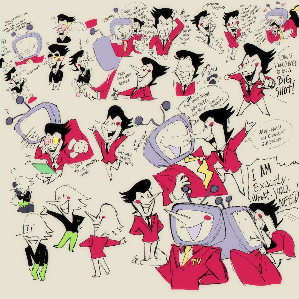 Multiple drawings of Spamton g Spamton and Tenna from Deltarune, Spamton on his addison outfit, Spamton on his big shot outfit and Spamton on his current day outfit, there's dialogue and interactions around as well. 