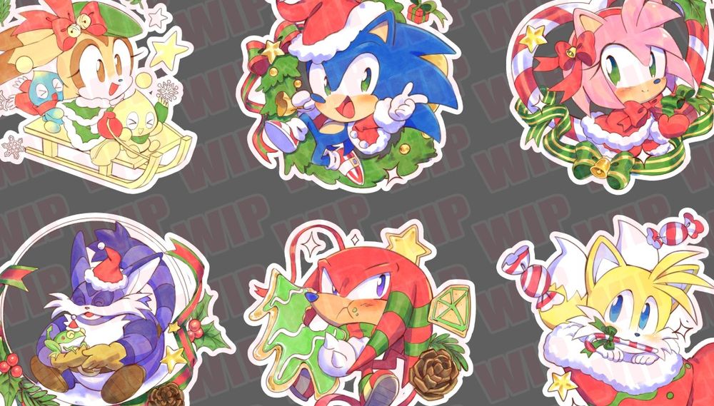 drawings of Cream, Sonic, Amy, Big the cat, Knuckles and Tails on holiday themed outfits and decorations, they are work in progress os not yet finished