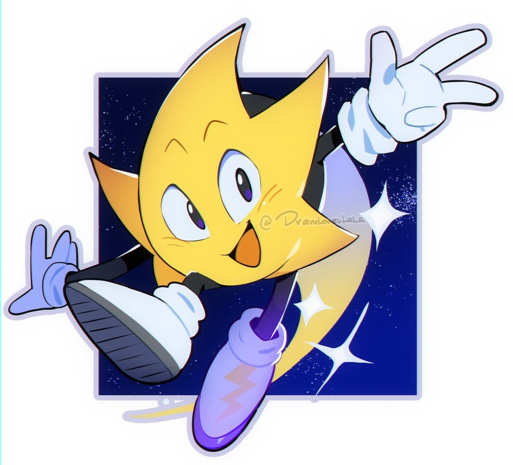 Ristar the shooting star smiling and raising his left hand up in the hair, he's surrounded by some sparkles