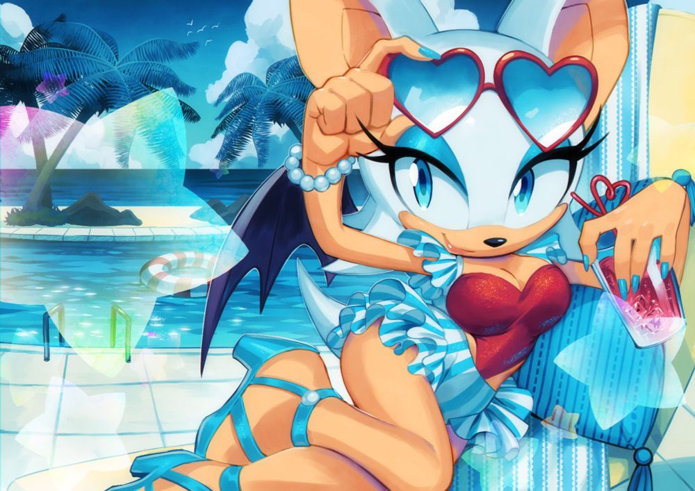 a drawing of Rouge the bat sitting on a beach chair holding a glass of raspberry juice with a heart shaped straw, holding her heart shaped sunglasses, wearing a teal white stripes swimsuit with ruffles on her hips and shoulders and a red heart shaped chest, teal sandals and a pearl bracelet. the background is a teal water pool and farther back is a bunch of palmtrees and a beach.