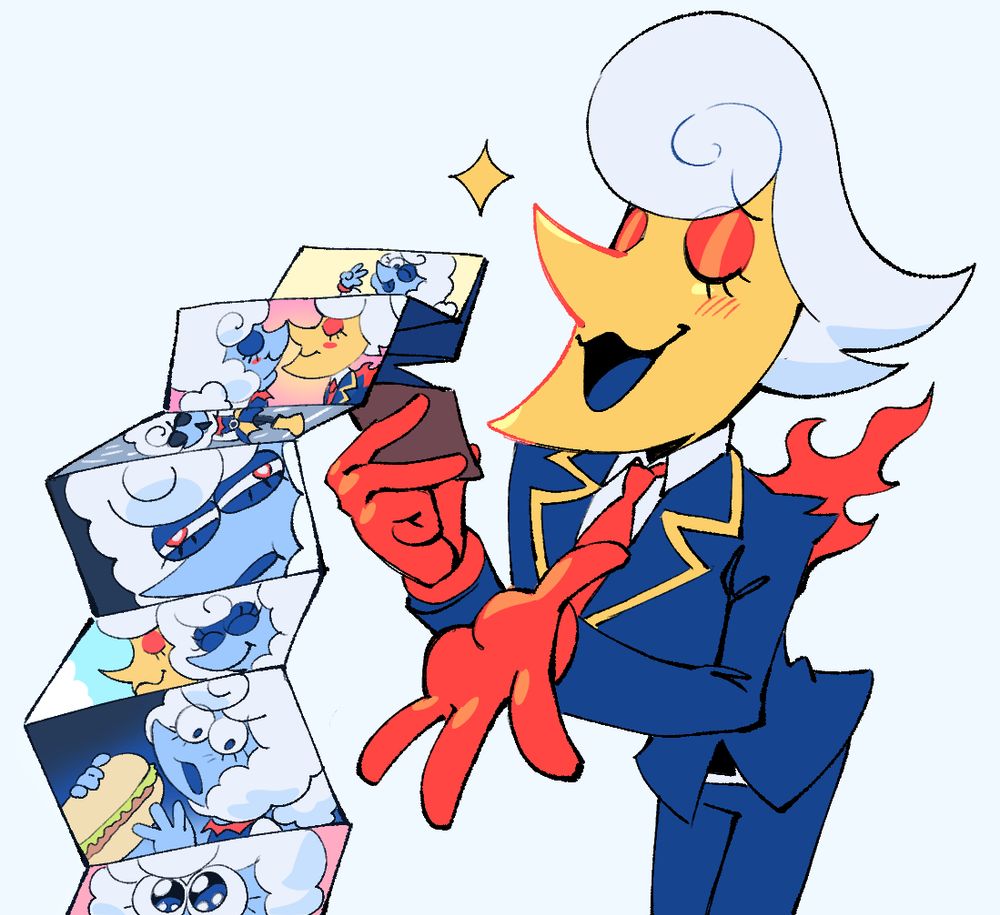 A drawing of Lanino with his eyes closed, showing off photos of Elnina from his wallet 