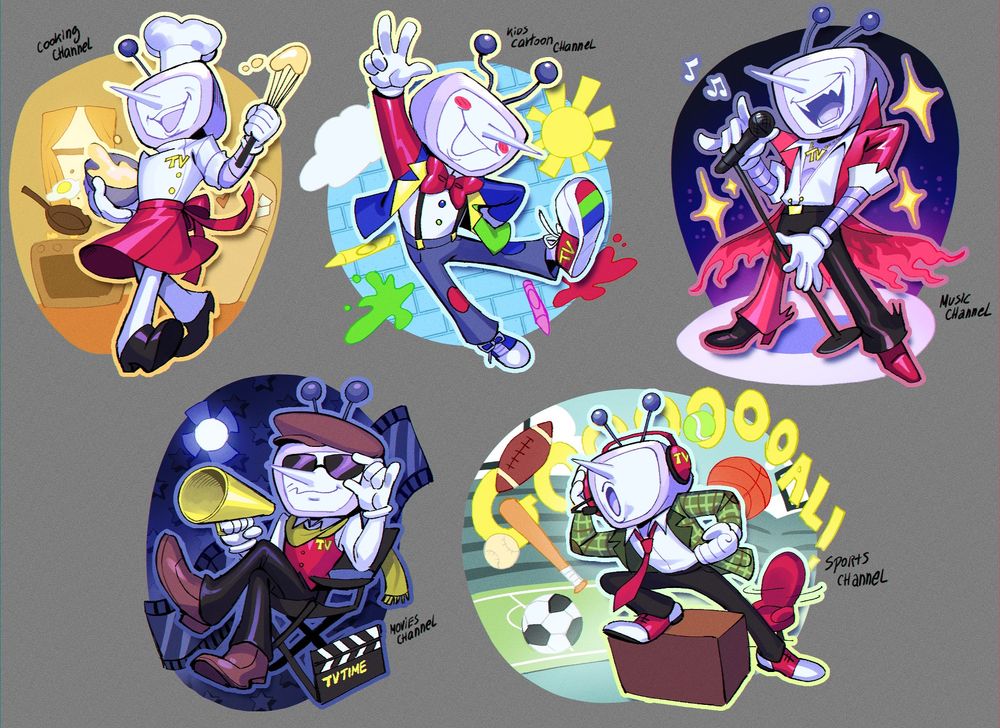 Mr Ant Tenna from Deltarune chapter 3, in different outfits based on different types of TV channels, first one on top left is cooking channel,  second is kids cartoon channel, 3rd one is music tv channel, 4rth one on bottom left is movies channel, 5th one on bottom right is the sports channel 