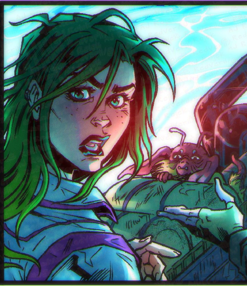 Detail from a panel from "Torch: Reclaim The Skies" issue4
We're still traveling alien backwaters by hovercraft. Torch is in the foreground, her hair, clothes, even lipstick are of the opposite colors (green, light grey and purple, neon blue). On the background, standing on the side of the hovercraft, a little creature called brick goblin, yellow fur that grows only on the body, living the reddish pink head hands, feet and tail bare. He's watching Torch very judgementally.
A foreign hand peaks from the right.