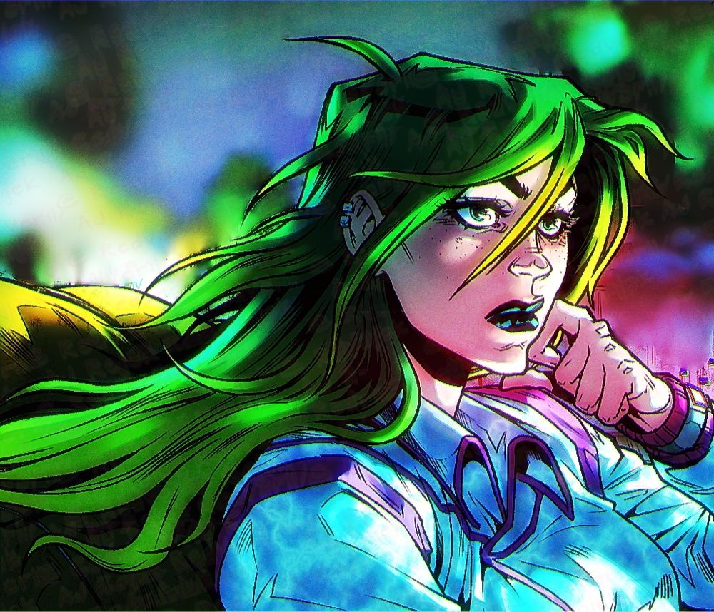 Panel from Torch: Reclaim The Skies issue 4 
We only see Torch, in foreground, everything else is blurred (to avoid spoilers)
She's lost in thoughts, you couldn't read her in a million years, a hand on the cheek and her hair (temporarily lime green) flowing all around gracefully.
