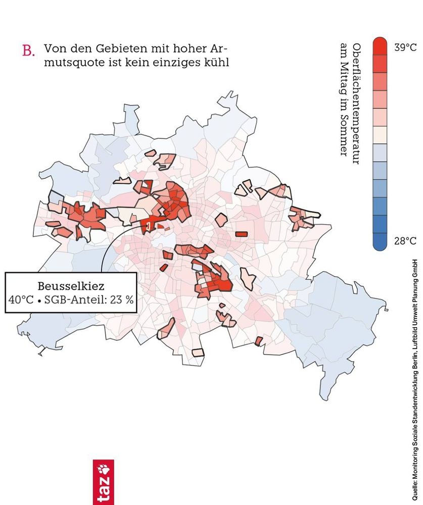 Karte Berlins mit hervorgehobenen Kiezen, die zeigt dass Kein einziges Armutsquartier kühl ist