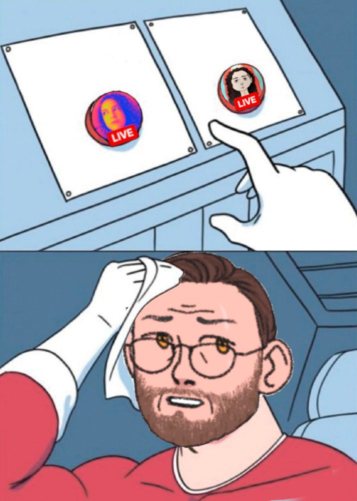 Mème du personnage en rouge devant choisir entre deux boutons rouge ici avec la tête de mon avatar et le chois entre les lives twitch de Fayza__ et Spinopizza