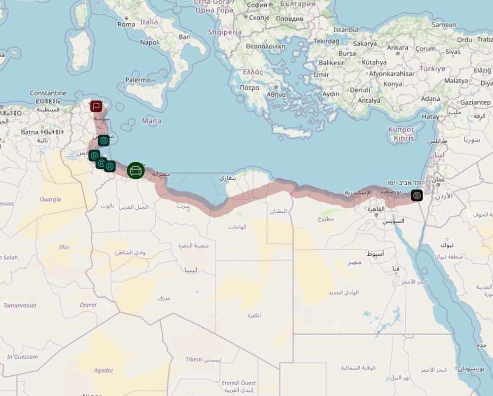 carte fournie par le CJAP du trajet suivi par le convoi, par la routeà travers la Tunisie, la Libye et l'Egypte