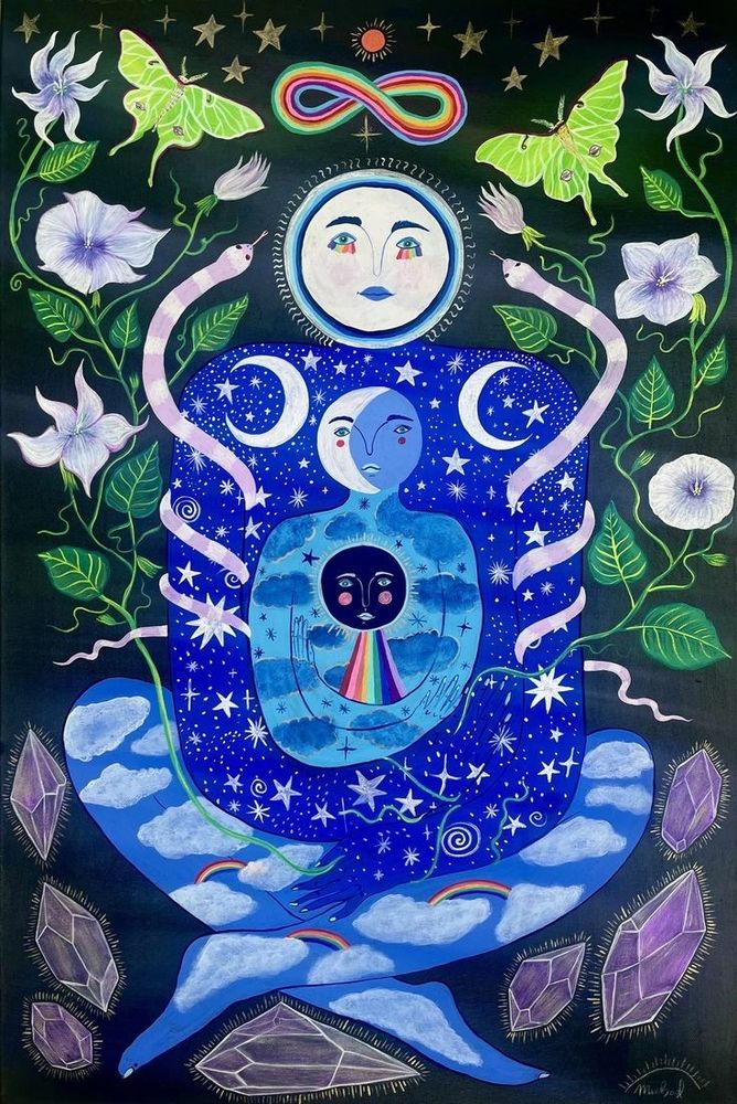 A blue figure on a black background. The figure has two other figures within it. The figure is surrounded by plants crystals butterflies and various natural elements 