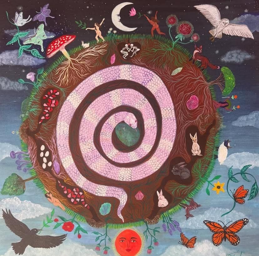 A painting of the earth with various plants and animals inside on the surface and around it