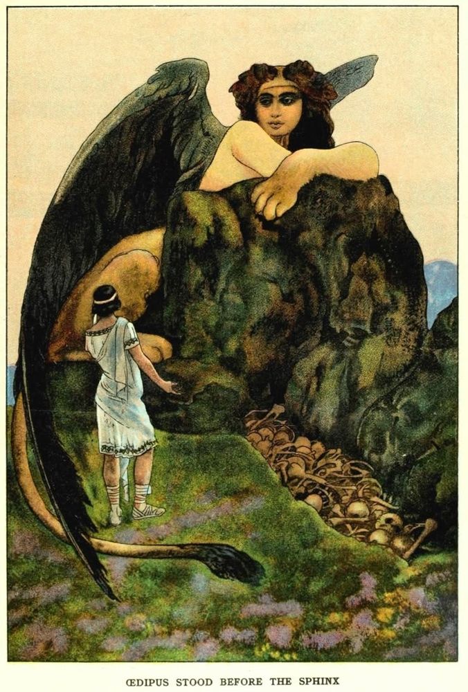 A large figure with a human head, body of the lion, wings of an eagle sits atop a precipice under which are the bones of dead human bodies. She looks down on a smaller figure dressed in white.
Text under image: Oedipus stood before the sphinx 