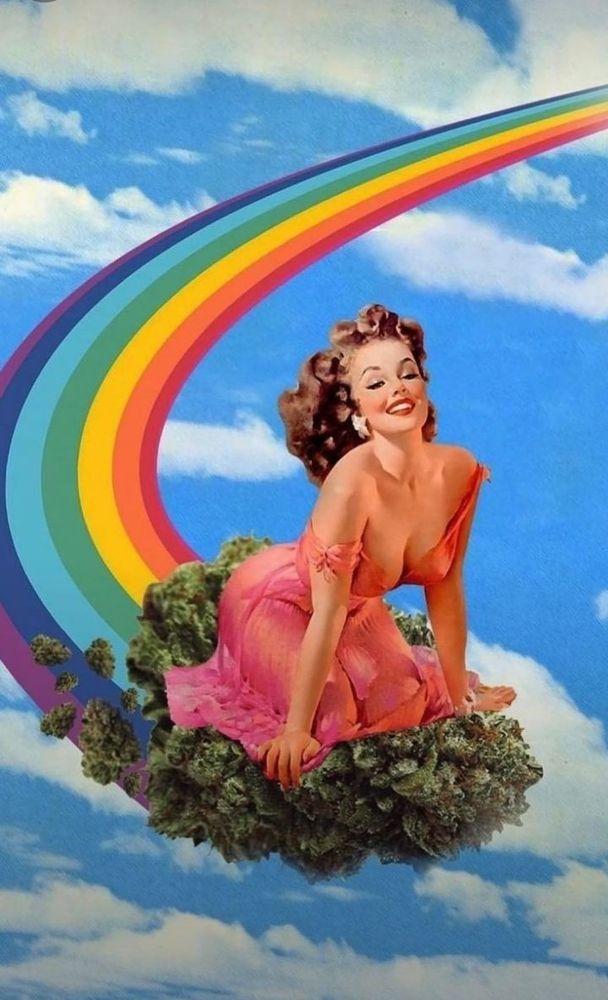 A lady in a pink dress riding through the sky on a cannabis nugget with a rainbow path being painted behind her. 