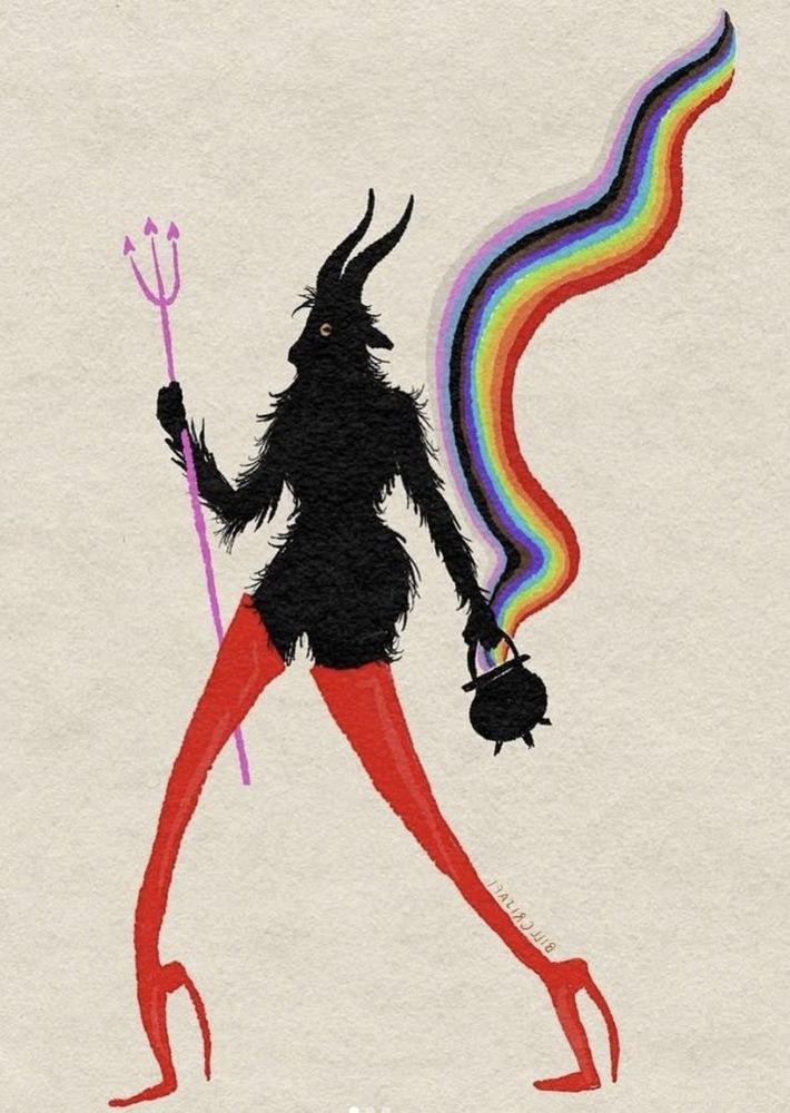 A black fured satyr wearing red stiletto boots and holding a pink trident in one hand and a cauldron emitting a rainbow in the other. Art by Bill Cristafi 
