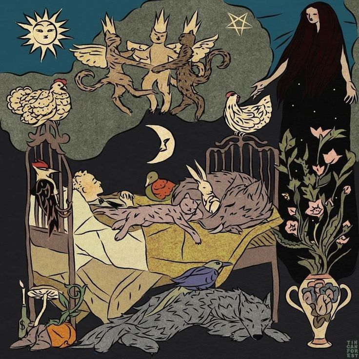 Person in a bed in a dream state surrounded by lady night, the sun and moon, plants and a mushroom, and various animals including cats rabbits raven chickens duck wolf. Artist credit Tin Can Forest 