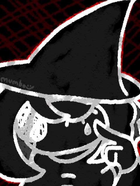 mal du pays from in stars and time. it's an entirely black figure with white outlines. it has chin length wavy hair, a wizard-like hat, an eye patch on its right (viewers left) eye, and a cloak. it's eye is closed and has a tear underneath it. it's pointing to the tear.