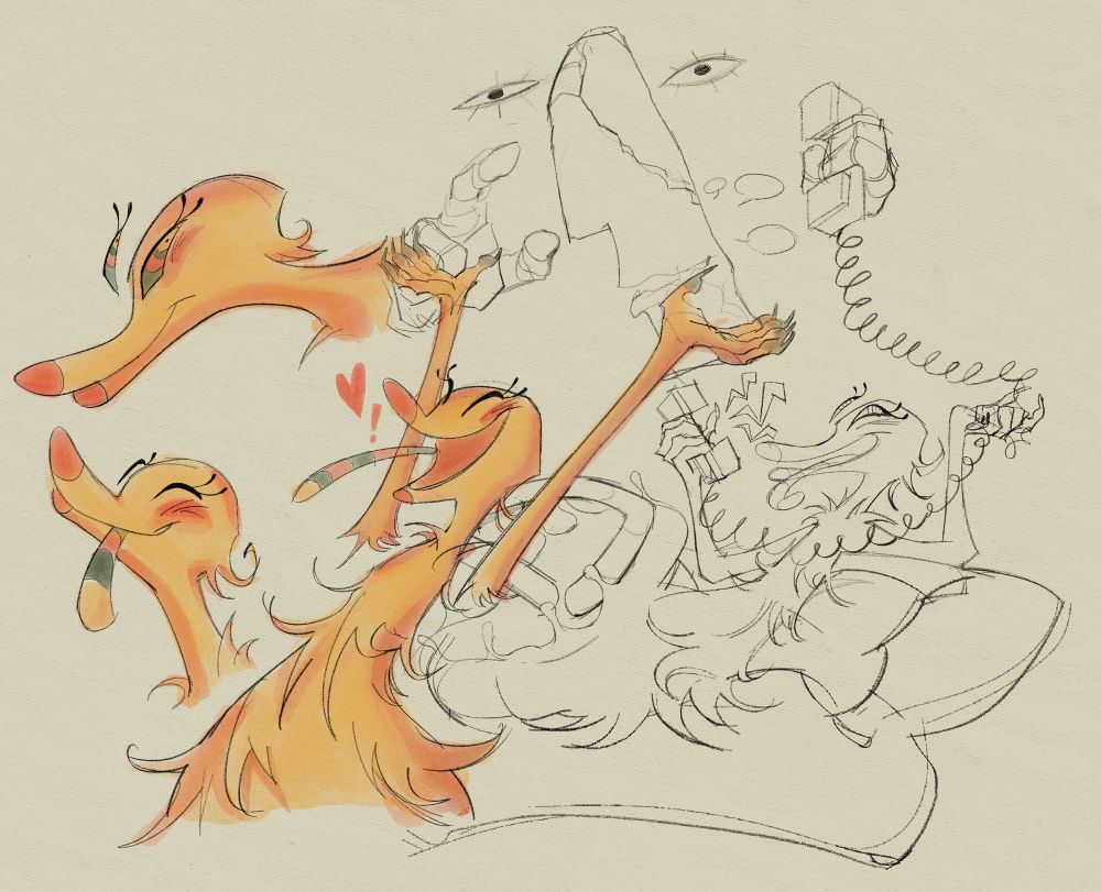 Several sketches of Huzzmug acting jovial and excited, with a background drawing of them talking with Bauhauzzo on the telephone 