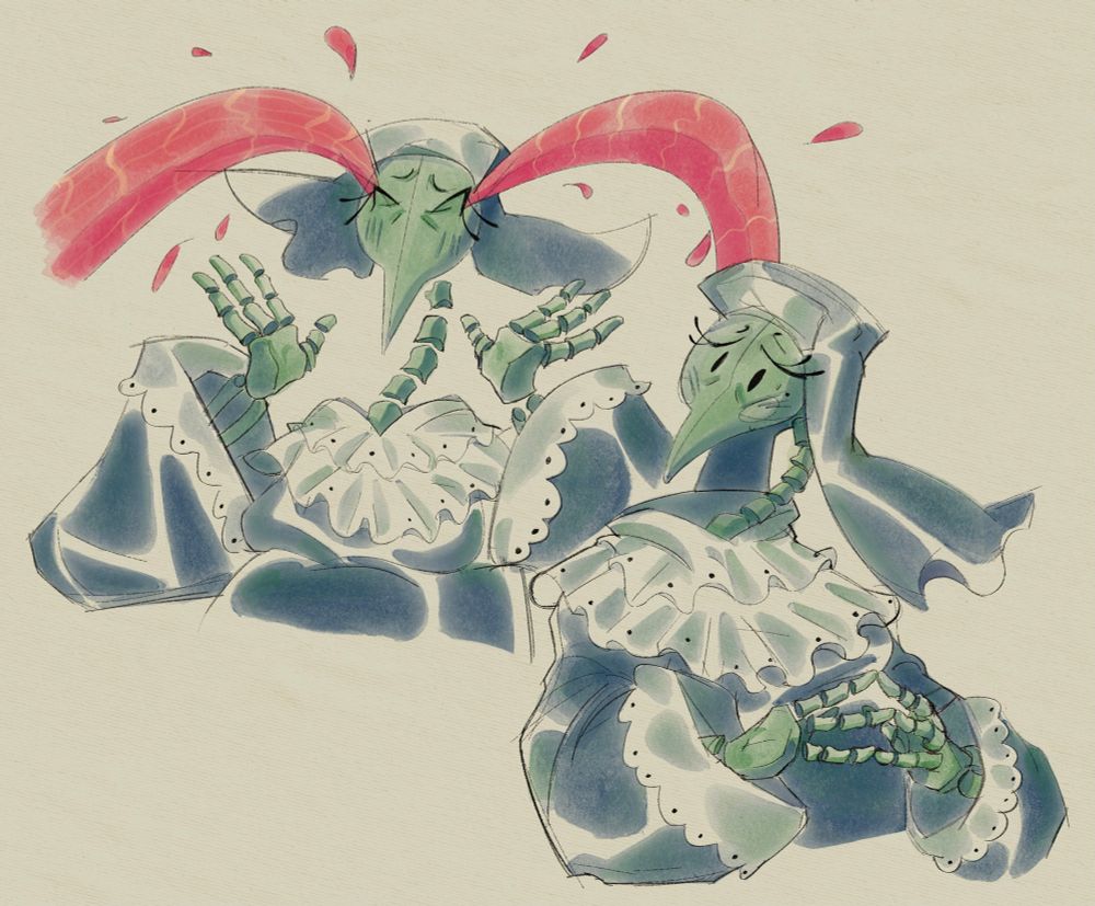 Two illustrations of Miss Mitternacht, one of her looking a little worried and another of her weeping how she does in the game