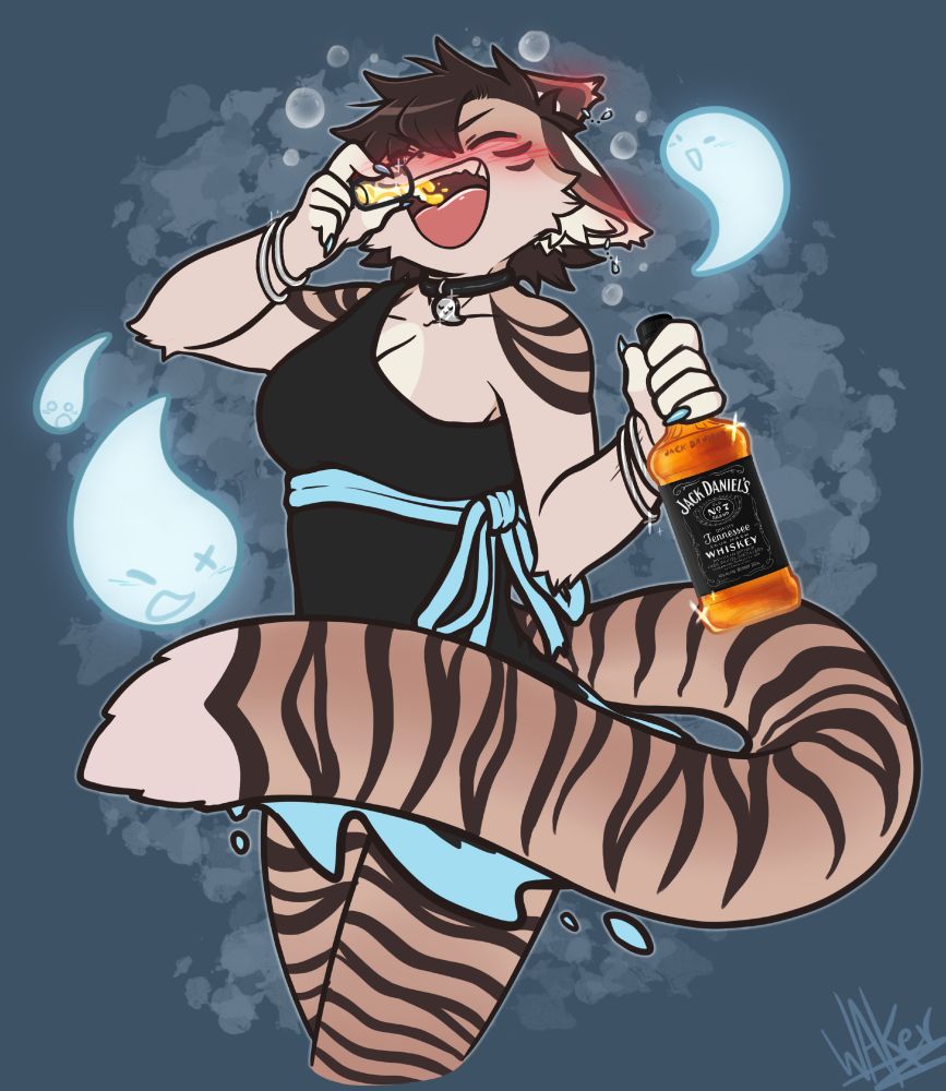 An anthro, cream-coloured tiger with dark brown hair and dark stripes. She's taking a shot of whiskey, holding a bottle of Jack Daniel's in her other hand. She's wearing an off-the-shoulder black and blue dress, and a black collar with a silver ghost emblem. Her face and the tips of her ears are flushed red. Three cute little ghosts are floating around her.

