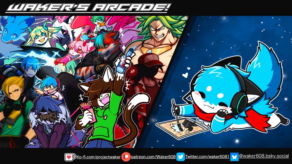A image of my all socials listed, along with drawings of multiple characters in different styles.