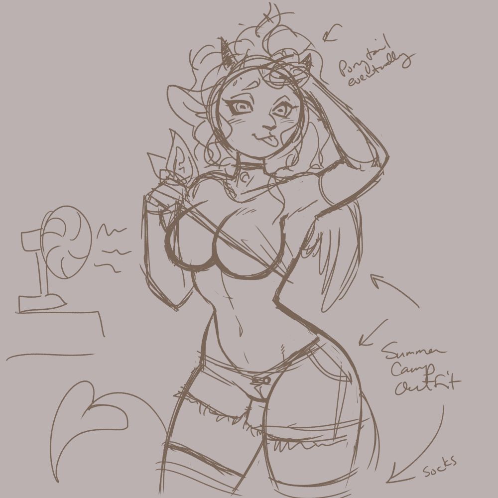 A very messy pinup sketch of Lily wearing a t-shirt and jean short cut-offs, standing in front of a fan blowing on her. She's lifting the shirt up, as well as her hair off her neck.