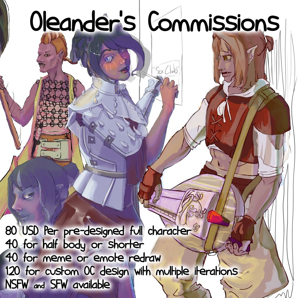 Oleander's drawing commissions reference sheet.  Four dungeons and dragons characters are in the drawing with a white background and text explaining prices.
