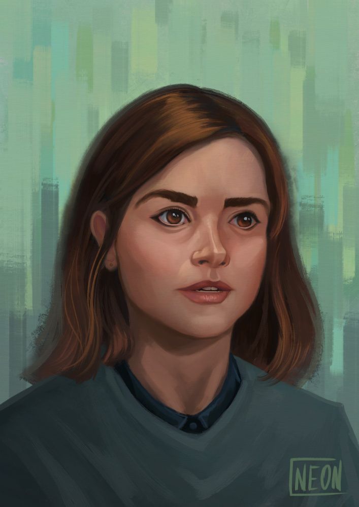 A semi realistic portrait of Clara Oswaldd the background is abstract strokes of green and blue