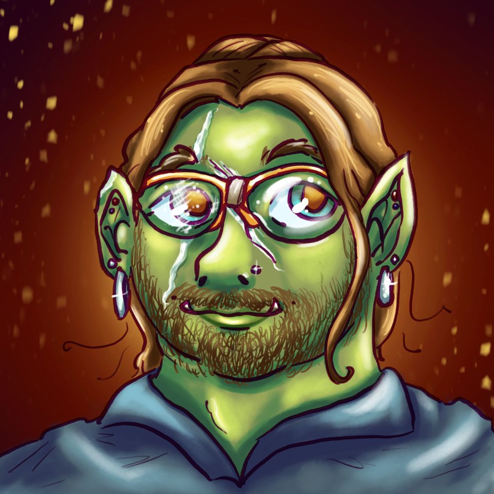 A bust drawing of an orc with green skin and honey-blonde hair and stubble. Most is tied up, but some strands are loose, and a lock frames the right side of his face. He has scars on his face, and his right ear is missing a tip. He also sports piercings on his ears and nose. He wears a faded blue lab coat. He is smiling. The background is crimson with gold accents.