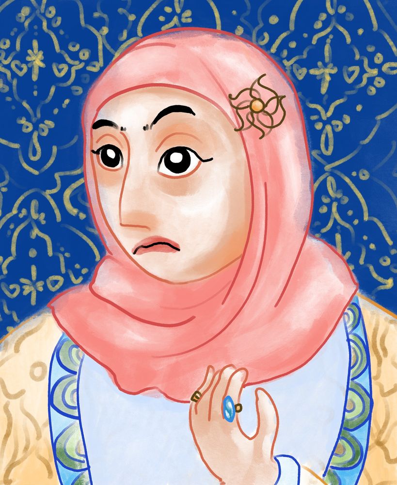 An Islamic miniature-style bust of a light-skinned woman in a pink hijab with a golden flower-shaped pin. She wears a yellow shrug with green and blue trim over a light blue shirt, and several rings. Her expression is serious. The background is a blue and yellow pattern.