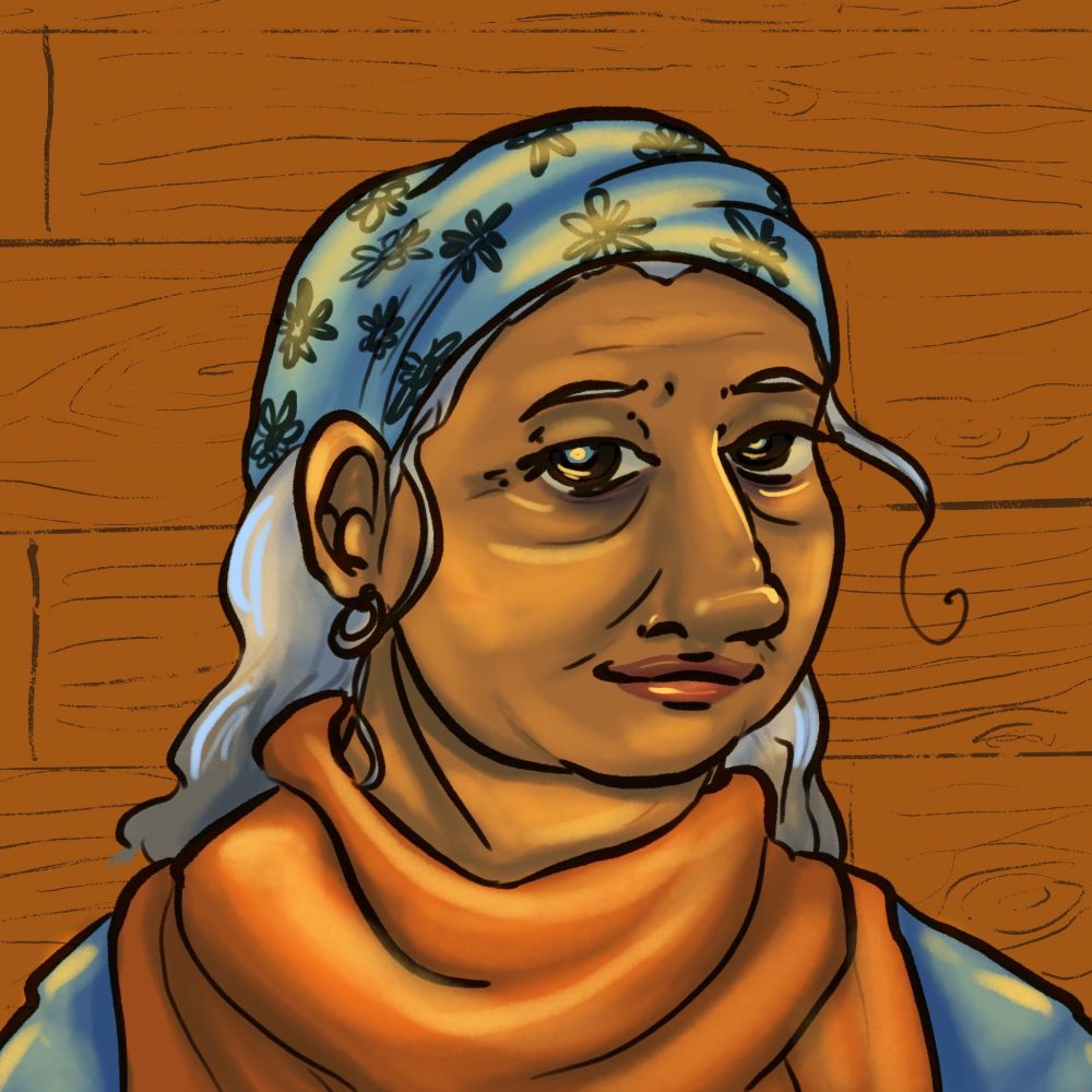 A bust drawing of an old woman in front of a wood-paneled wall. She has tan skin and brown eyes. She wears an orange scarf around her neck over blue clothes, and a blue bandana with eight-petaled flowers around her head. One ear is visible, which has a silver ring piercing. Her hair is shoulder-length and gray. Some of it is poking out of the bandana. She is smiling.