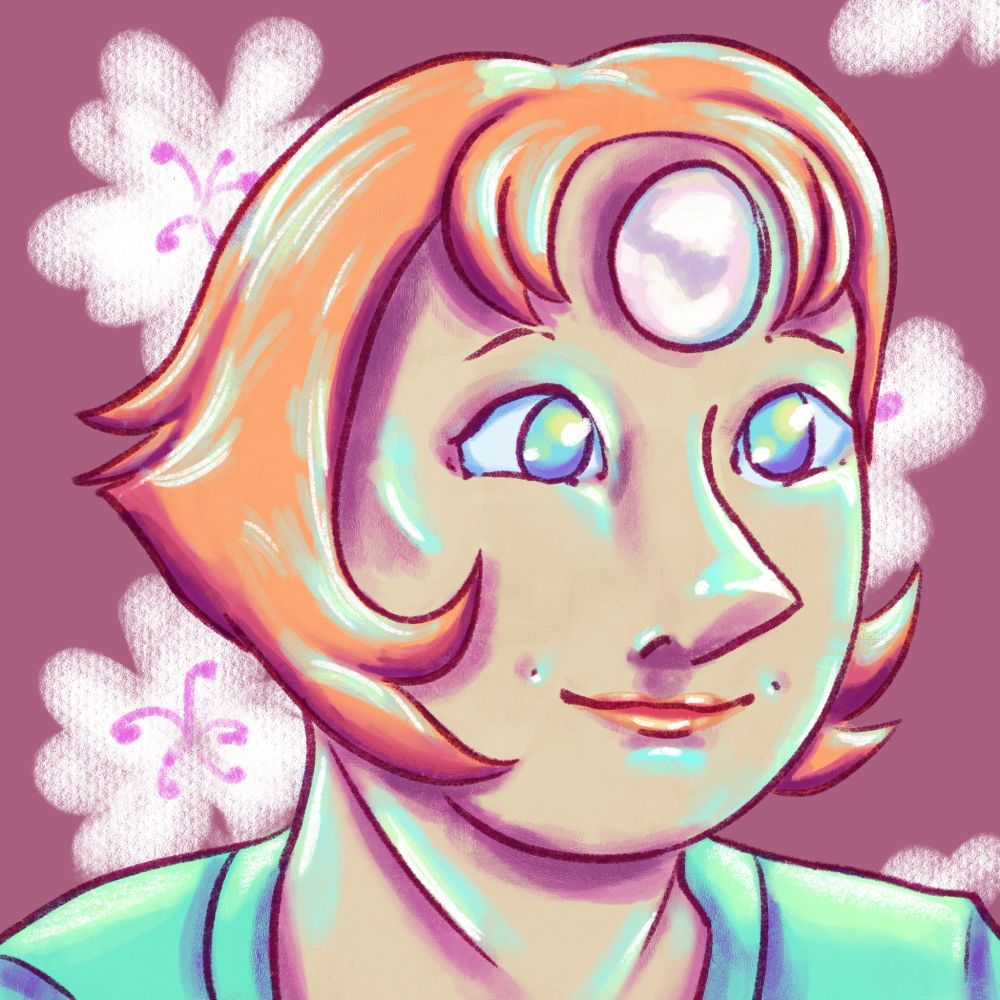 A 3/4 headshot drawing of Pearl from Steven Universe in her final design. She sports holographic highlights and shading. She faces to the right with a soft smile.