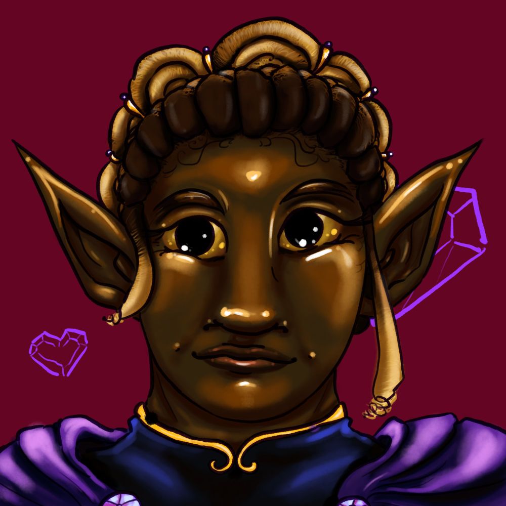 A bust drawing of a Black elf character. They have large, pointed ears, and golden eyes with irises that cover the visible part of the eye, such that only it and the pupil are visible. Their hair is in locs, most of which are tied up elaborately behind them, fastened with gold-colored clips bearing amethysts. Two locs come down by their ears to frame their face. They appear to have been bleached at the ends. They wear a navy, high-collared shirt with gold trim. Over this is a cloak fastened with amethyst. The background is vermilion with purple outlines of gems cut to resemble hearts. They are smiling.
