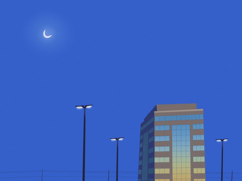 A drawing of the building reflecting the sunrise, and the blue sky behind it with a crescent moon