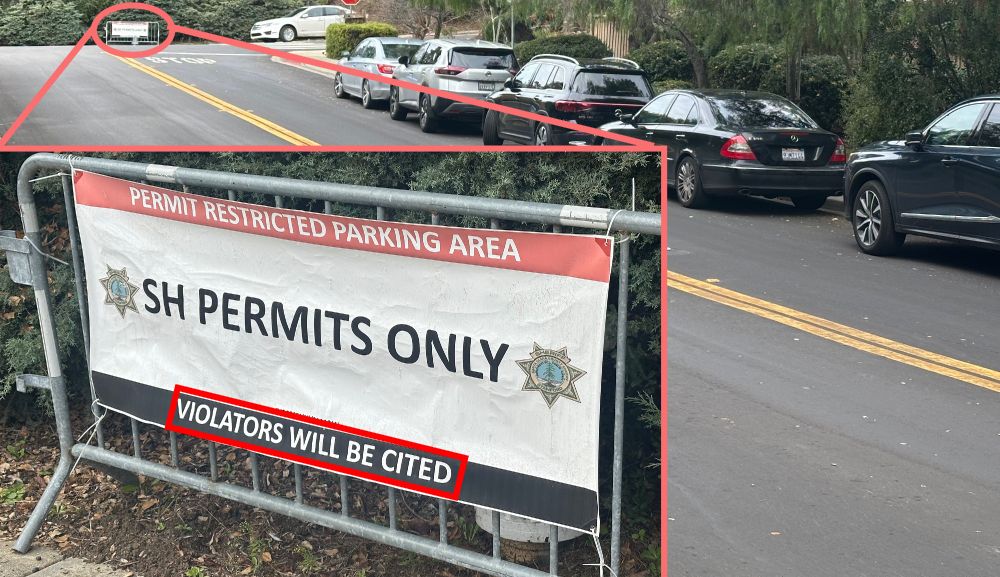 A series of cars parked next to a sign that says "Permit restricted parking area. Violators will be cited." Violators will be cited is highlighted in red.