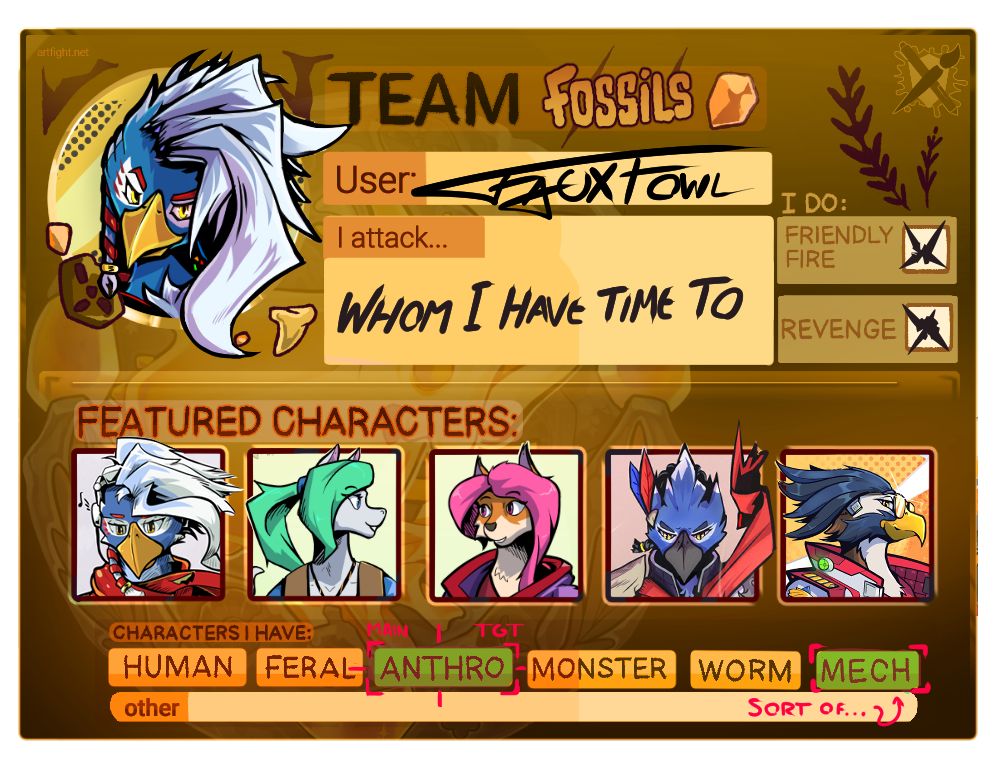 FauxFowl participating in ArtFight 2025 in Team Fossils.