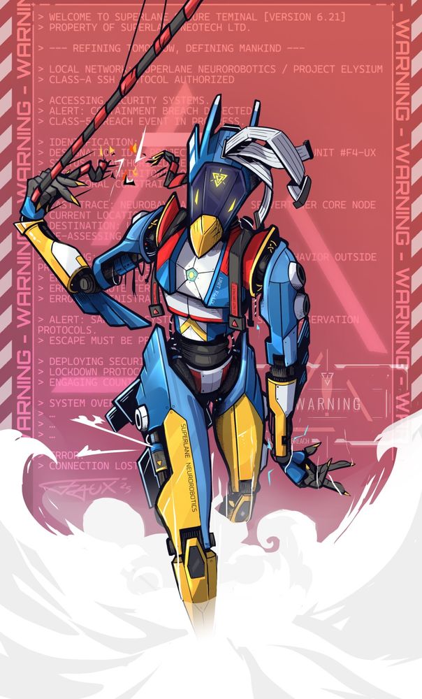An avian synth robot character menacingly walking through mist. He is pulling chords out of his head and his other arm is twitching. 