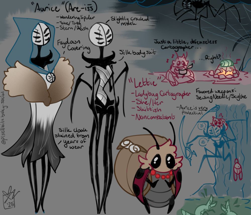 A sketch sheet depicting a tall, slender Weaver woman named Aurice and a small, round Ladybug woman named Lettie inspired by Hollow Knight's universe. In the upper right corner, Lettie is seen sitting atop her oversized cartography pack beside a fire, where a large hunk of bug is roasting on a spit. Aurice lurks above her on a web in the shadows, giving Lettie a sense of safety while she works on a map. In the bottom right corner, Aurice is depicted hanging on a wall over a pit of slime and muck, attempting to shoo away a pair of ravenous carnivorous bugs. Lettie is on her shoulder. 