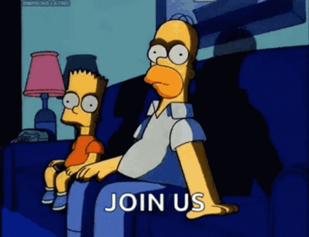 a cartoon of homer simpson and bart simpson sitting on a couch with the words join us in the corner