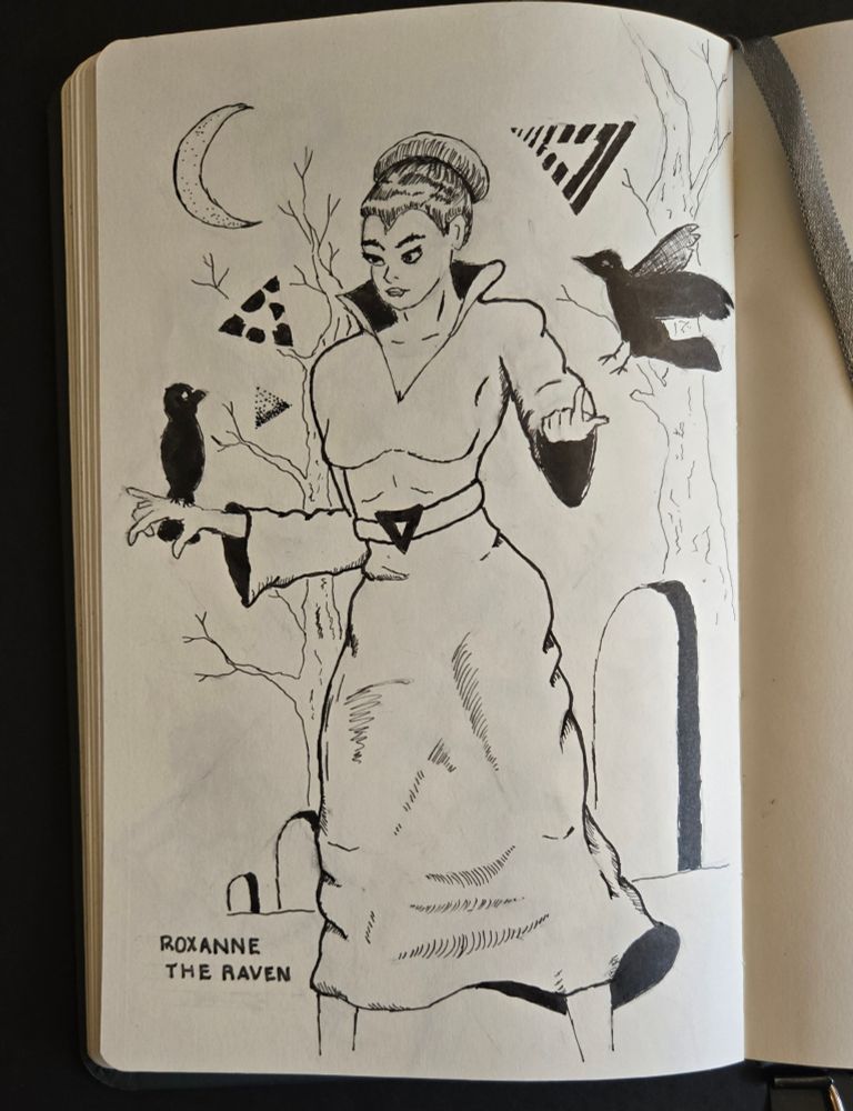 Ink drawing of s woman in a long robe in a graveyard. She has a raven perched on one arm and is calling another to the other arm. There is a sliver moon, bare trees, and triangular magic symbols that resemble the symbol on her belt. 