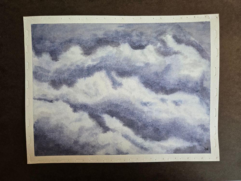 Watercolor rendering of storm clouds done in blue gray. 