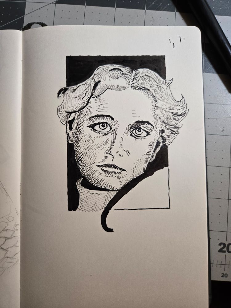 Vignette rendering in black ink of a woman with short hair and a violin under her chin. 