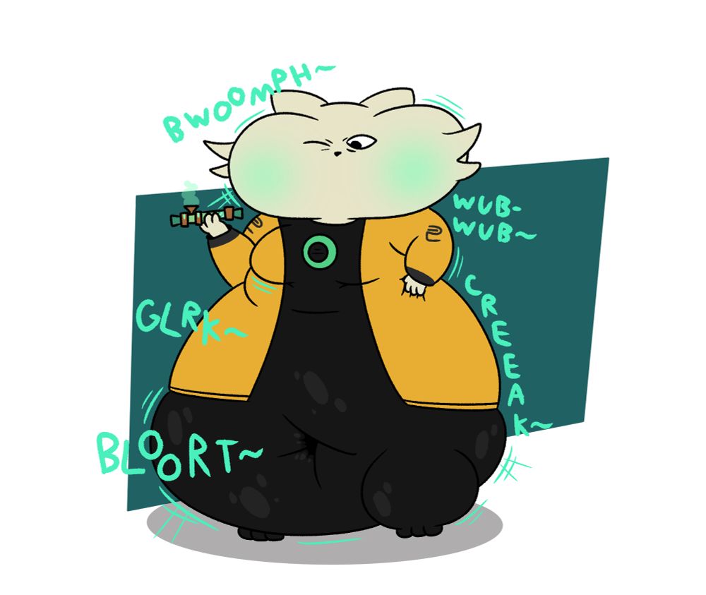 A picture of Yi, the playable character of Nine Sols, with a bottom heavy build and a massively swollen head, implied to be from the pipe he used