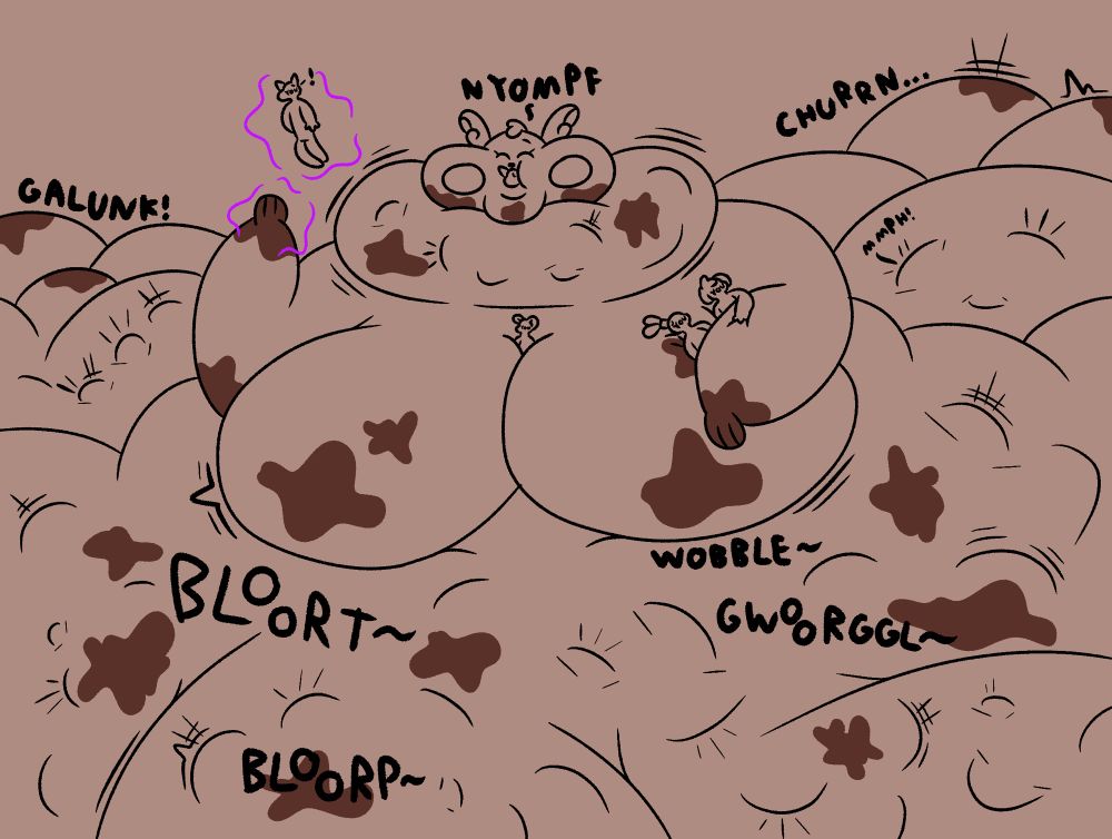 A monochrome drawing of Ailani, an immeasurably massive alolan raichu permablob, snarfing down on several anons with several stuck on her upper body for a future snack: a mouse is stuck in her cleavage, a dog and bunny are pinned between her left breast and flabby arm, a wolf is lifted up by a psychic force, and a cat is currently being consumed by her. Across her body are several bulges, each one from multiple anons she had already feasted upon