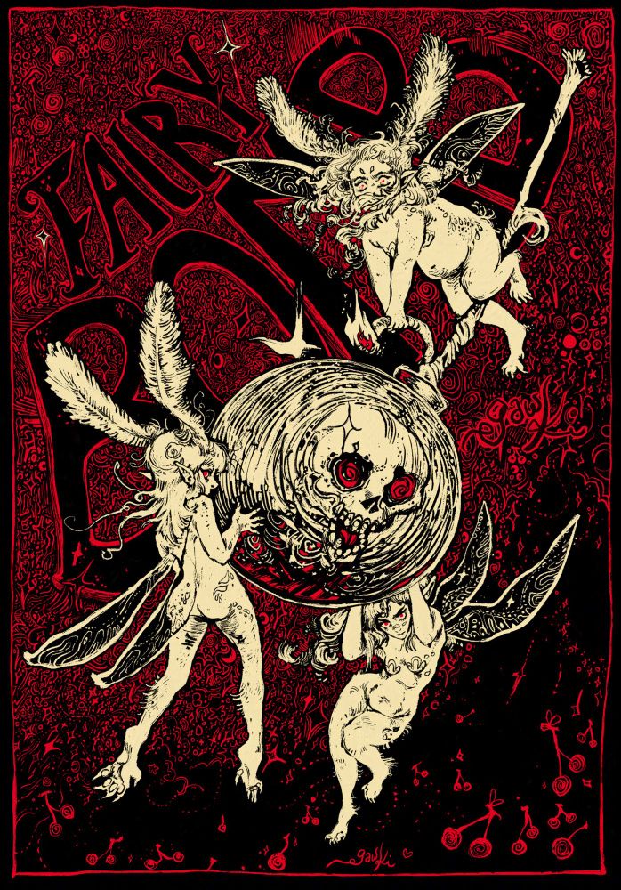 Drawing of 3 fairies carrying a bomb with a lit fuse. They all stare directly at the viewer with intent in their eyes. It reads fairy bomb in the background.