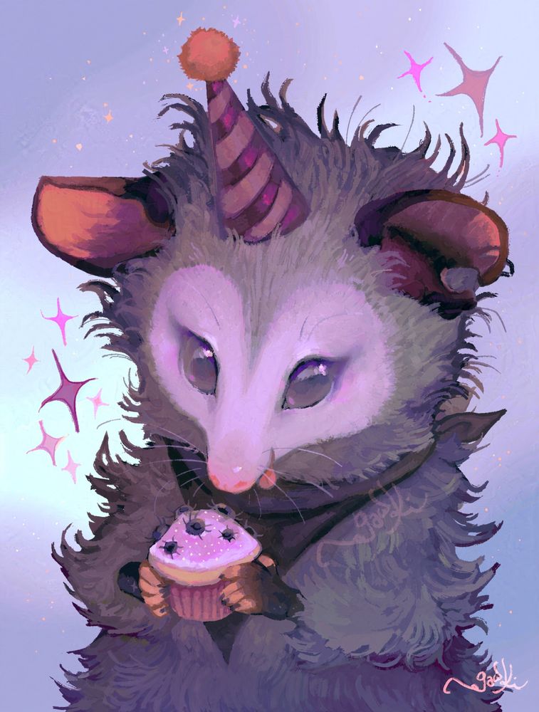 A painting of a baby opossum wearing a party hat and holding a tick cupcake.
