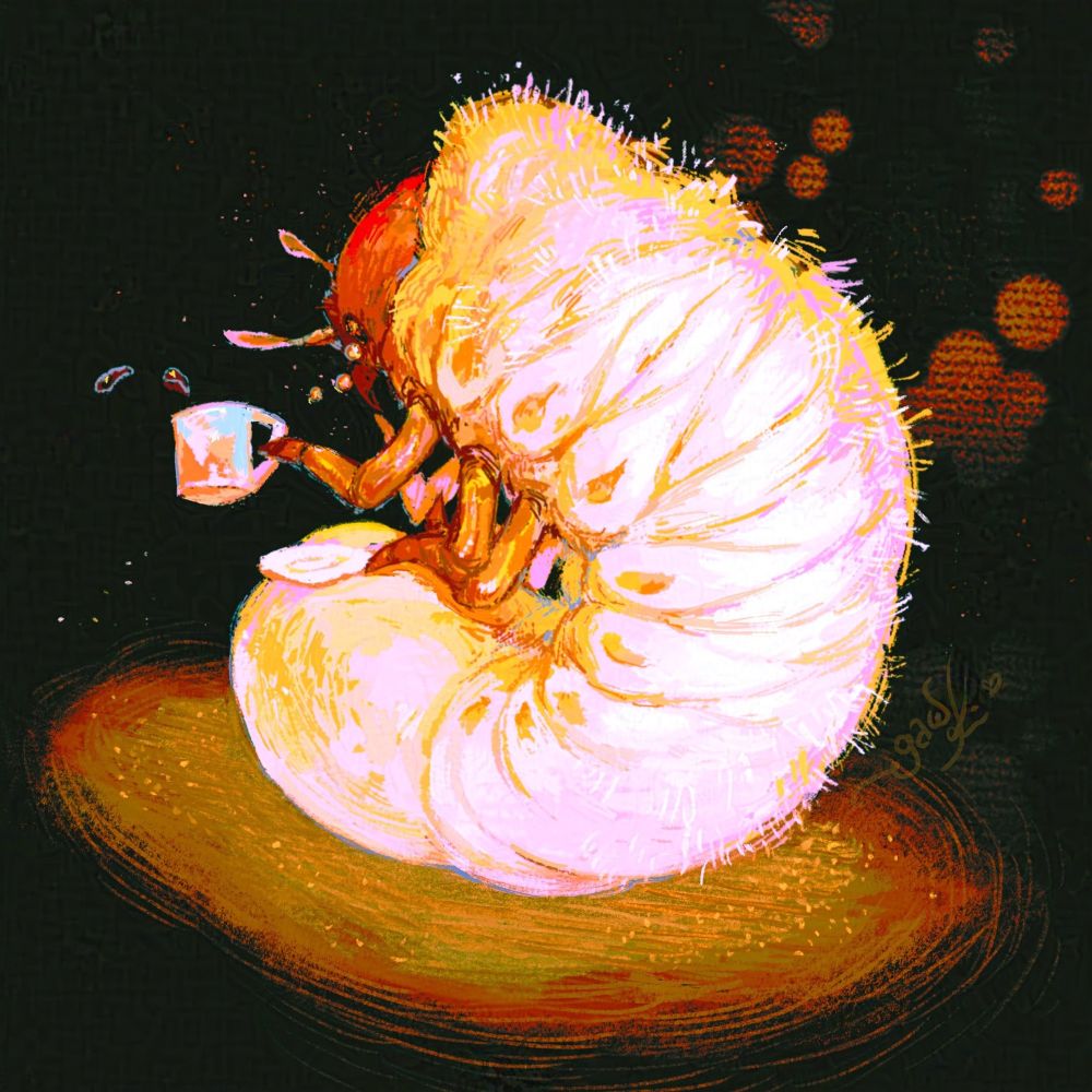 A painting of a grub holding a cup of coffee. 
