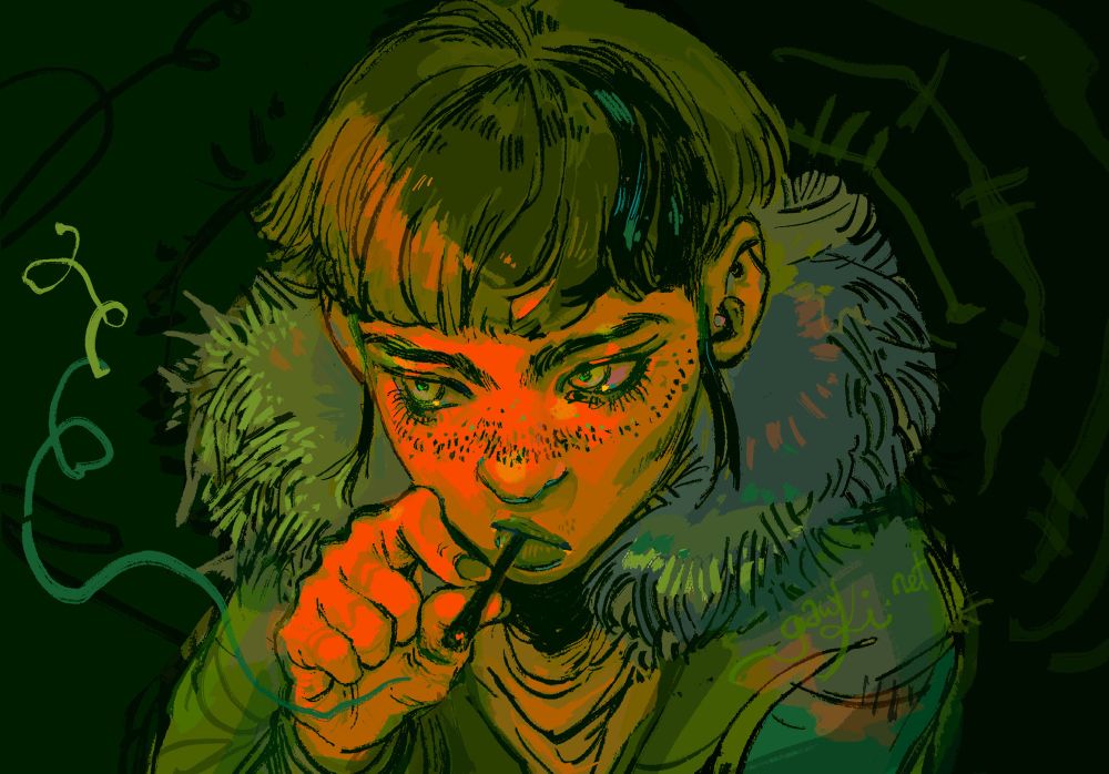 A portrait of a punk-looking individual in all green and smoking. The smoke is green. They look as if they are deep in thought about something.