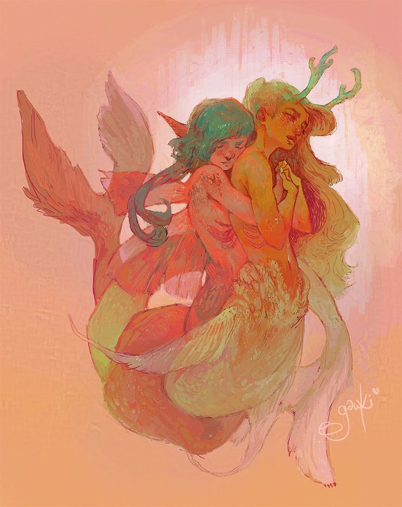 Painting of mermaids hugging; a mermaid holds another mermaid from behind in a tight embrace. They’re holding hands and tails. 