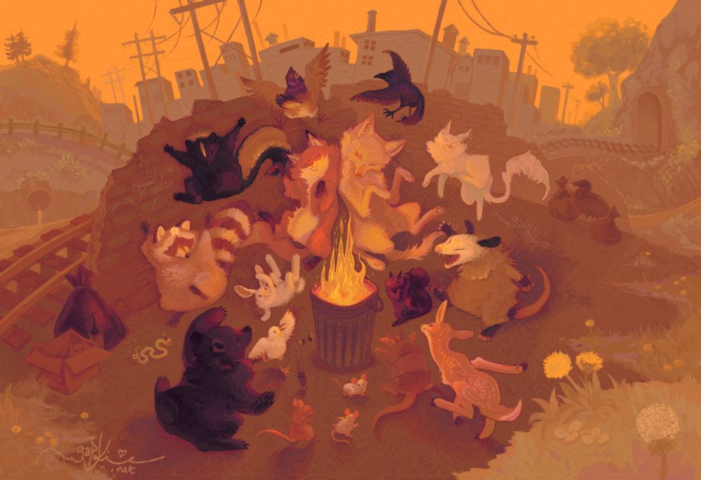 A bunch of animals, the kind usually associated with being pests, dance around a garbage can on fire gleefully. The background behind them is broken down brick walls with some trash around them and even further an industrial area surrounded by nature and a deep yellow sky. There are patches of dandelions. 