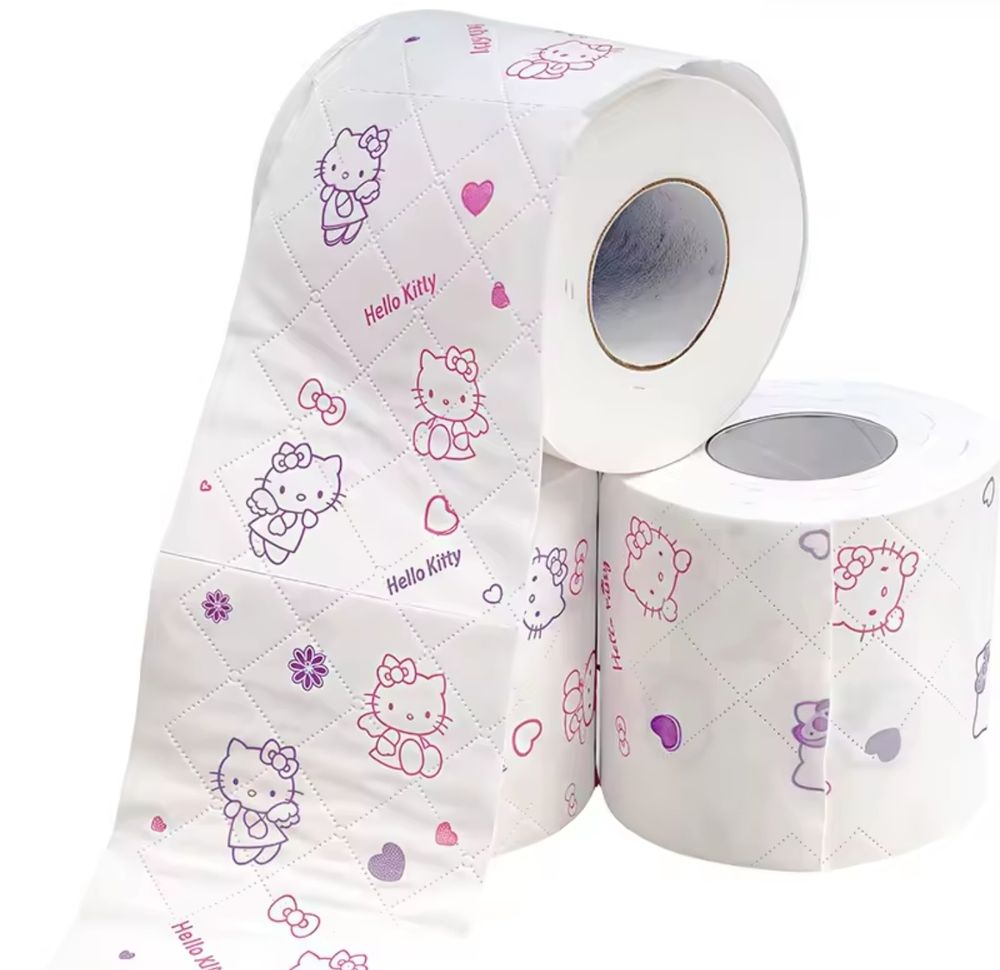 A photo of 3 rolls of Hello Kitty toilet paper